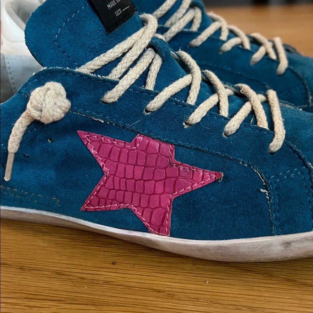 🕶️GGDB Golden Goose SUPERSTAR DISTRESSED TRAINERS IN turquoise w pink star US 11 - Picture 6 of 9